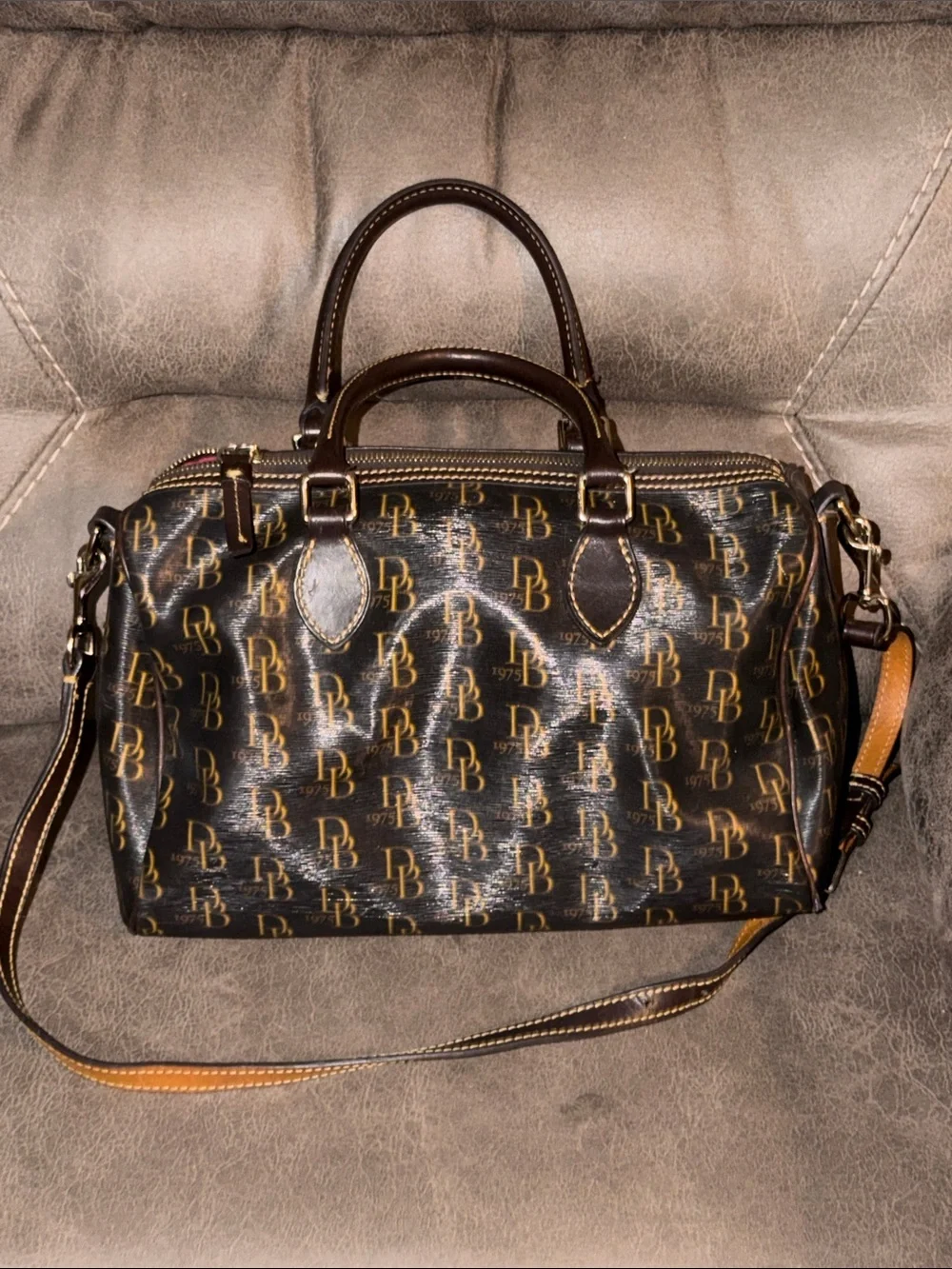Dooney & Bourke 1975 Signature Classic Brown & Gold Monogram Satchel